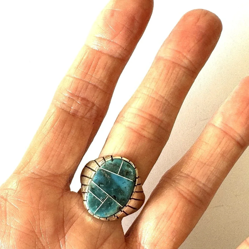 Turquoise Inlay Mens Ring Sz‎ 12 Oval Navajo Signed T Jack Sterling Mosaic 20mm